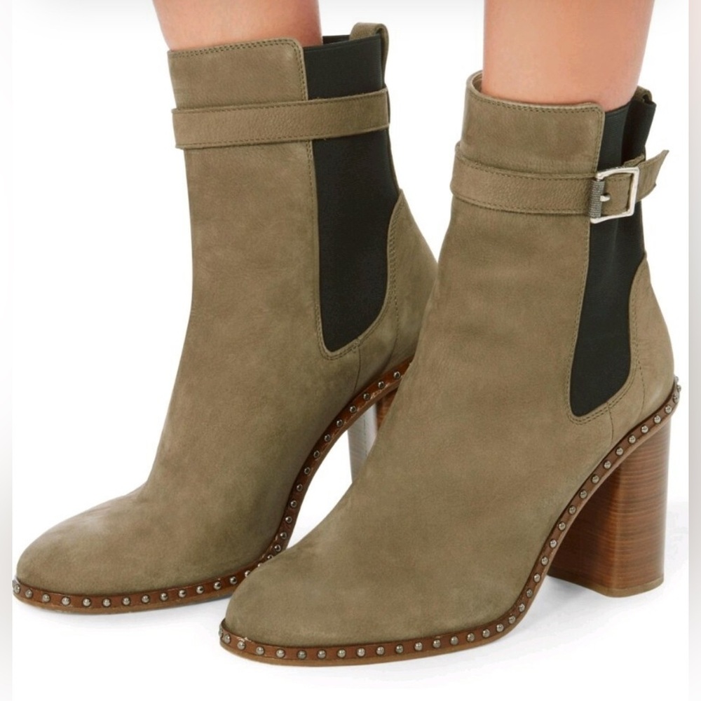 Rag & Bone Romi Military Olive Nubuck Suede 3.5” Heel Boots ankle strap & Buckle